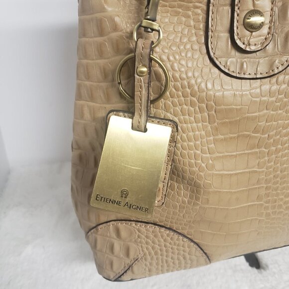 Etienne Aigner Tan Croc Embossed Leather Shoulder Tote Bag - Picture 2 of 16